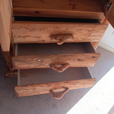 PINE LOG BEDROOM ARMOIRE W/3 DOVETAILED DRAWERS AND SHELVING BEHIND CABINETS