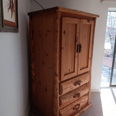 PINE LOG BEDROOM ARMOIRE W/3 DOVETAILED DRAWERS AND SHELVING BEHIND CABINETS