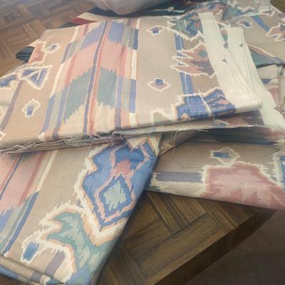 SEVERAL YARDS OF MATERIAL & CUT FOR QUILTING AND OTHER LARGE PIECES OF MATERIAL