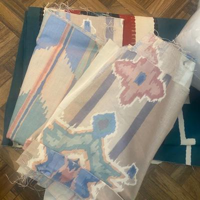SEVERAL YARDS OF MATERIAL & CUT FOR QUILTING AND OTHER LARGE PIECES OF MATERIAL