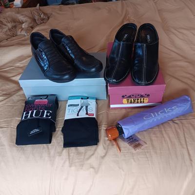 1 NEW VANELI SPORT AND ANOTHER PAIR OF VANELI SHOES, TIGHTS AND UMBRELLAS