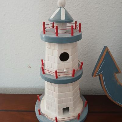 Wooden decorative lighthouse with wall hanging 4 peg-hook anchor Nautical