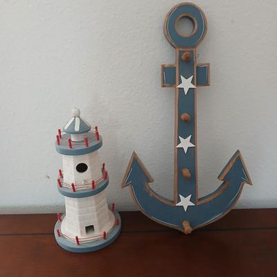 Wooden decorative lighthouse with wall hanging 4 peg-hook anchor Nautical