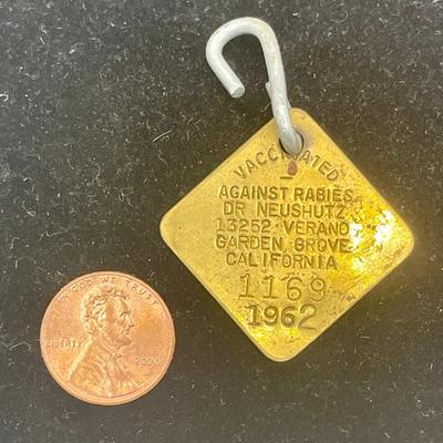 Vintage Rabies Vaccination Dog ID Tag 1962 Veterinarian Garden Grove California