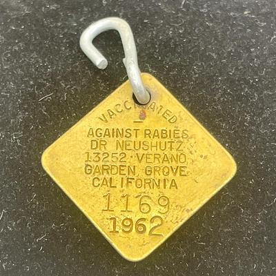 Vintage Rabies Vaccination Dog ID Tag 1962 Veterinarian Garden Grove California