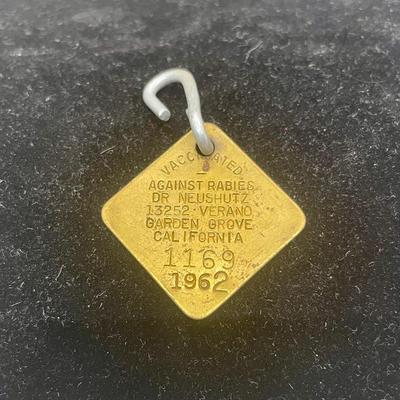 Vintage Rabies Vaccination Dog ID Tag 1962 Veterinarian Garden Grove California