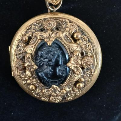 Large Victorian Revival Black Glass Cameo Locket Necklace Vintage Jewelry