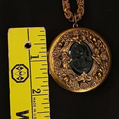 Large Victorian Revival Black Glass Cameo Locket Necklace Vintage Jewelry