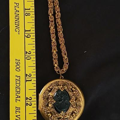 Large Victorian Revival Black Glass Cameo Locket Necklace Vintage Jewelry