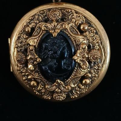 Large Victorian Revival Black Glass Cameo Locket Necklace Vintage Jewelry