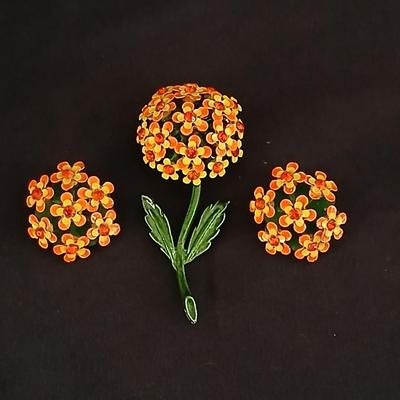 Vintage Enameled Metal Flower Brooch with matching clip-on earrings Vintage Jewlery