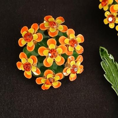 Vintage Enameled Metal Flower Brooch with matching clip-on earrings Vintage Jewlery