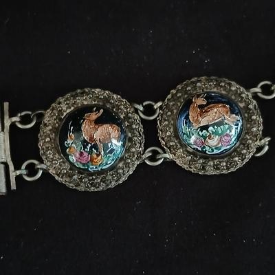Vintage locket Poppy cameo Jewelry necklace with Antique painted deer bracelet