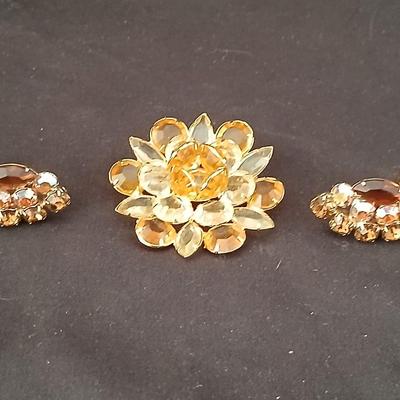 Vintage beaded brooch with matching clip-on earrings Jewlery set