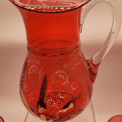Cranberry Glass Pitcher and tumblers