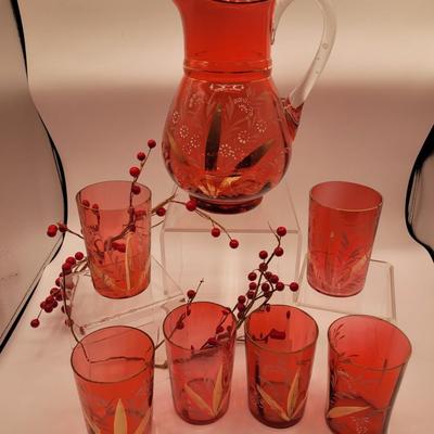 Cranberry Glass Pitcher and tumblers