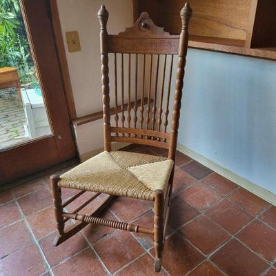 Edwardian Turned Oak Rush Seat Rocking Chair