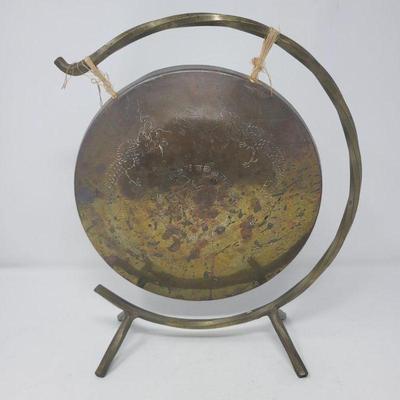 21 decorative dragon motif brass gong on stand