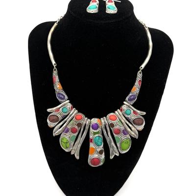 Multi-Colored Necklace with Matching Earring Set