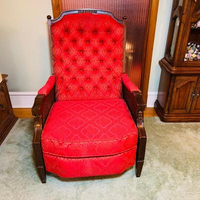 LOT:29: Vintage Wood and Red Tufted Reclining Arm Chair