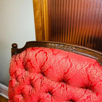 LOT:29: Vintage Wood and Red Tufted Reclining Arm Chair