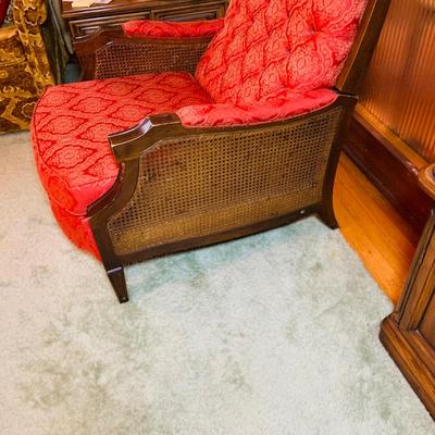 LOT:29: Vintage Wood and Red Tufted Reclining Arm Chair