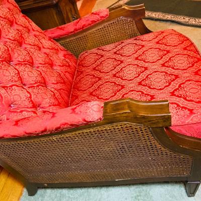 LOT:29: Vintage Wood and Red Tufted Reclining Arm Chair