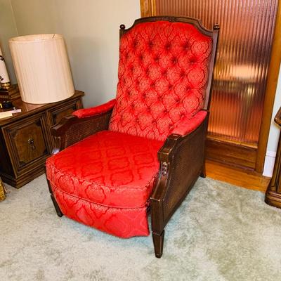 LOT:29: Vintage Wood and Red Tufted Reclining Arm Chair