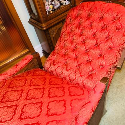 LOT:29: Vintage Wood and Red Tufted Reclining Arm Chair