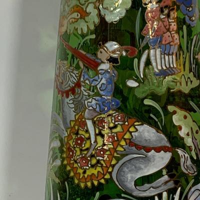 LOT:33: Large Vintage Hand Painted Enamel Vase Signed "Royo" Medieval Style