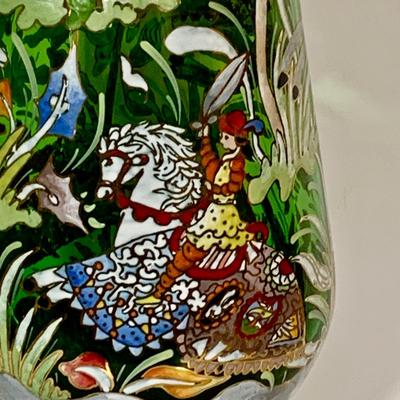 LOT:33: Large Vintage Hand Painted Enamel Vase Signed "Royo" Medieval Style