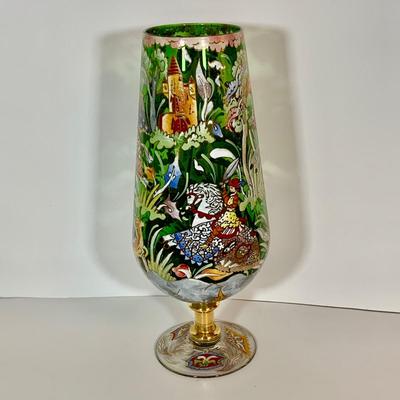 LOT:33: Large Vintage Hand Painted Enamel Vase Signed "Royo" Medieval Style