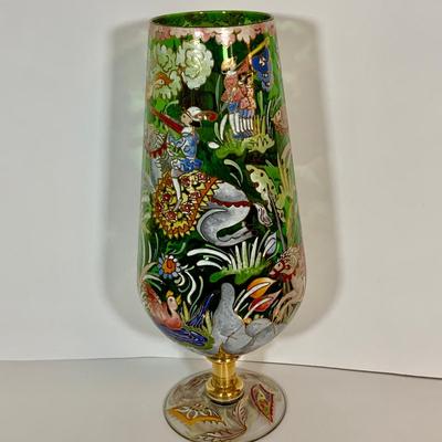 LOT:33: Large Vintage Hand Painted Enamel Vase Signed "Royo" Medieval Style