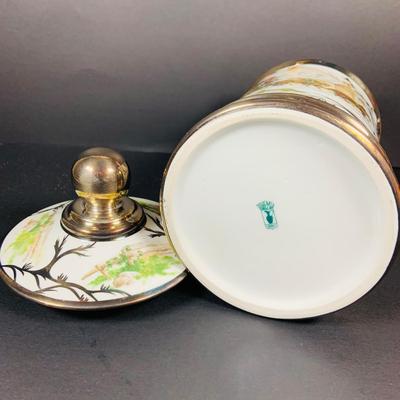 LOT:41: Large Porcelain Vase with Painted Ships and Metal Base and Tobacco Jar with Painted Coach