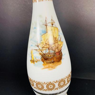 LOT:41: Large Porcelain Vase with Painted Ships and Metal Base and Tobacco Jar with Painted Coach