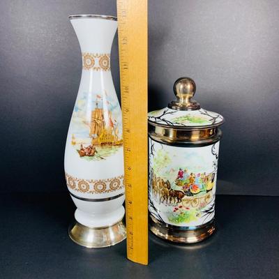 LOT:41: Large Porcelain Vase with Painted Ships and Metal Base and Tobacco Jar with Painted Coach