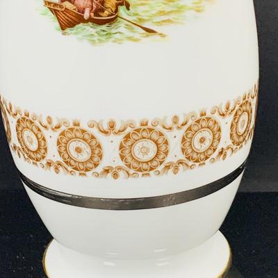 LOT:41: Large Porcelain Vase with Painted Ships and Metal Base and Tobacco Jar with Painted Coach