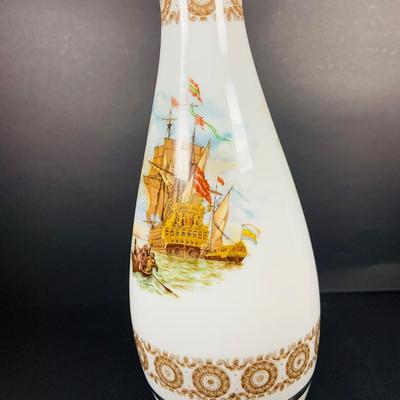 LOT:41: Large Porcelain Vase with Painted Ships and Metal Base and Tobacco Jar with Painted Coach