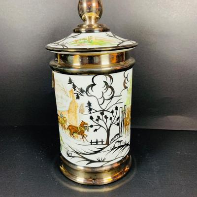 LOT:41: Large Porcelain Vase with Painted Ships and Metal Base and Tobacco Jar with Painted Coach