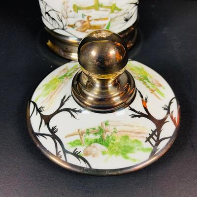 LOT:41: Large Porcelain Vase with Painted Ships and Metal Base and Tobacco Jar with Painted Coach