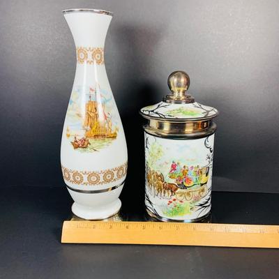 LOT:41: Large Porcelain Vase with Painted Ships and Metal Base and Tobacco Jar with Painted Coach
