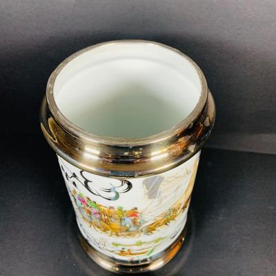 LOT:41: Large Porcelain Vase with Painted Ships and Metal Base and Tobacco Jar with Painted Coach