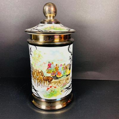 LOT:41: Large Porcelain Vase with Painted Ships and Metal Base and Tobacco Jar with Painted Coach
