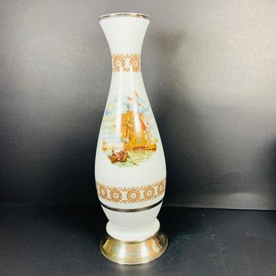 LOT:41: Large Porcelain Vase with Painted Ships and Metal Base and Tobacco Jar with Painted Coach