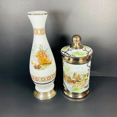 LOT:41: Large Porcelain Vase with Painted Ships and Metal Base and Tobacco Jar with Painted Coach