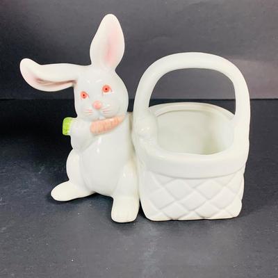 LOT 42: Lefton Rabbits, Dept 56 Chicks and Wooden Eggs, Fitz and Floyd Rabbit with Basket, Pendelfin Rabbits, Ceramic Baskets, Eggs and More