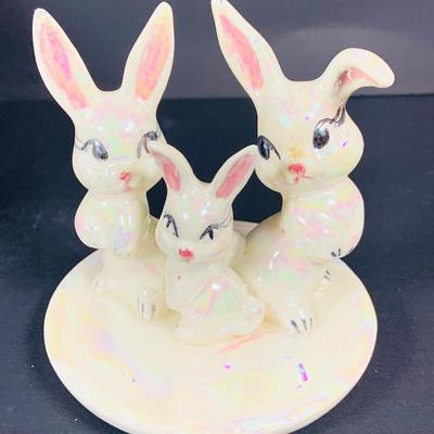 LOT 42: Lefton Rabbits, Dept 56 Chicks and Wooden Eggs, Fitz and Floyd Rabbit with Basket, Pendelfin Rabbits, Ceramic Baskets, Eggs and More