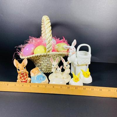 LOT 42: Lefton Rabbits, Dept 56 Chicks and Wooden Eggs, Fitz and Floyd Rabbit with Basket, Pendelfin Rabbits, Ceramic Baskets, Eggs and More