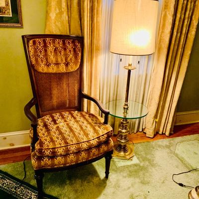 LOT:45: Vintage Cane Back Arm Chair by Moore Furniture and a Stiffel Brass Floor Lamp with Glass Table