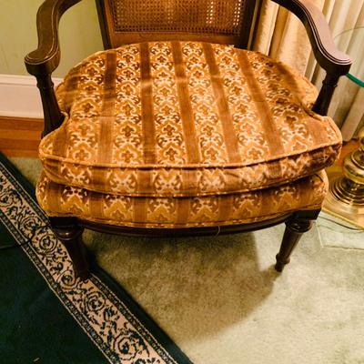LOT:45: Vintage Cane Back Arm Chair by Moore Furniture and a Stiffel Brass Floor Lamp with Glass Table